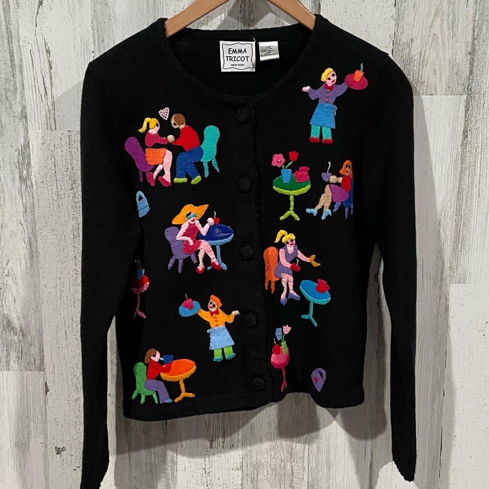 EMMA TRICOT Vintage Embroidered Cafe Cardigan Sweater Size XS